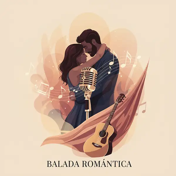 Ilustración digital artística y emotiva de música Balada y Romántica. La escena presenta siluetas de una pareja expresando emoción bajo una iluminación suave y cálida, acompañada de un micrófono clásico y una guitarra acústica. Notas musicales flotan en una composición equilibrada que evoca la nostalgia y sensibilidad de la balada pop, rock, ranchera y romántica clásica en un estilo moderno y atemporal.
