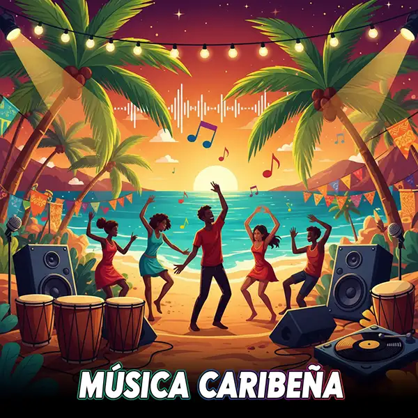 Ilustración digital vibrante de música caribeña en un paisaje tropical de playa y palmeras al atardecer. La escena muestra siluetas bailando con energía entre tambores afrocaribeños, tornamesas y altavoces bajo un cielo cálido. La composición integra ondas de sonido y notas musicales con una paleta saturada de verdes, amarillos, rojos y azules, representando la fusión cultural del Reggae, Dancehall, Soca y Calipso en una atmósfera festiva y moderna.