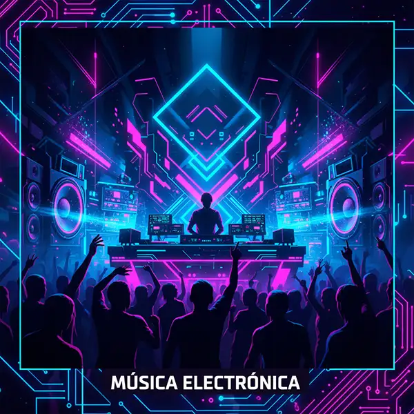 Ilustración digital moderna de música electrónica que presenta una atmósfera nocturna y futurista. La escena muestra una cabina de DJ abstracta rodeada de sintetizadores, paneles luminosos y ondas sonoras visuales con luces de neón. Siluetas de un público en movimiento se integran con formas geométricas dinámicas en una paleta de colores vibrantes. La composición captura la energía de géneros como el Techno, House, EDM y Future Bass en un diseño limpio y tecnológico de ancho completo.