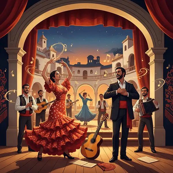 Ilustración digital de estilo editorial que representa la riqueza de la Música de España. La escena muestra una composición armónica con guitarras españolas, un cajón flamenco, abanicos y mantones de manila bajo una iluminación dorada y cálida. Se aprecian siluetas con vestidos de lunares y gestos expresivos en un entorno que evoca tanto tablaos flamencos como teatros clásicos. La imagen captura la esencia del Flamenco, la Copla, la Zarzuela y la Rumba, integrando arquitectura andaluza y raíces folk en un diseño moderno y atemporal.