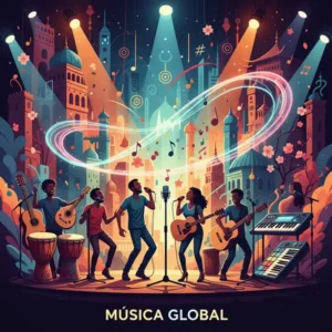 Global Ilustración digital multicultural que representa la Música Global como una fusión de sonidos del mundo. La escena muestra siluetas de personas bailando y cantando entre una variedad de instrumentos tradicionales y modernos, como tambores africanos, cuerdas árabes, guitarras folk y sintetizadores. La composición integra ondas de sonido y símbolos culturales en una paleta equilibrada de tonos cálidos y fríos, evocando géneros como Afrobeats, K-pop, Bollywood y Folk en un estilo moderno y armonioso.
