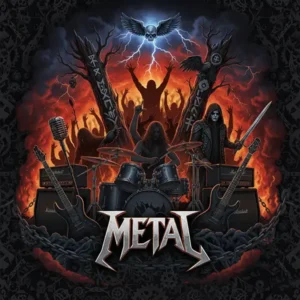 Metal Ilustración digital intensa del género Metal que muestra un escenario oscuro y épico con siluetas de músicos y público en actitud eufórica. La escena incluye guitarras eléctricas, amplificadores y baterías bajo una iluminación dramática con efectos de fuego, humo y rayos de luz. La composición de alto contraste integra elementos simbólicos que evocan desde el Black y Death Metal hasta el Power y Thrash Metal, capturando la fuerza y la energía rebelde del género en una estética moderna.