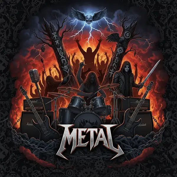 Ilustración digital intensa del género Metal que muestra un escenario oscuro y épico con siluetas de músicos y público en actitud eufórica. La escena incluye guitarras eléctricas, amplificadores y baterías bajo una iluminación dramática con efectos de fuego, humo y rayos de luz. La composición de alto contraste integra elementos simbólicos que evocan desde el Black y Death Metal hasta el Power y Thrash Metal, capturando la fuerza y la energía rebelde del género en una estética moderna.