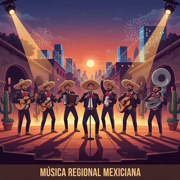 Ilustración digital del género Regional Mexicano que muestra un ensamble de músicos con acordeón, tuba, trompetas y guitarrón. Incluye siluetas de cantantes con sombreros tradicionales en un escenario que fusiona entornos rurales y urbanos bajo luces cálidas de concierto. La paleta de colores destaca tonos dorados, rojos y verdes profundos, representando la diversidad desde el Mariachi y el Norteño hasta los Corridos Tumbados y la Banda en una composición moderna y enérgica.