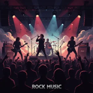 Ilustración digital de música Rock que muestra un escenario dinámico con siluetas de músicos, guitarras eléctricas, amplificadores y micrófonos vintage bajo luces dramáticas de concierto. La escena combina una atmósfera de sala underground y gran estadio, con una paleta de negros, rojos intensos y púrpuras. El estilo visual evoca la esencia del Grunge, el Rock Latino y el Postpunk a través de destellos de luz y texturas retro, capturando la rebeldía y la intensidad emocional del género