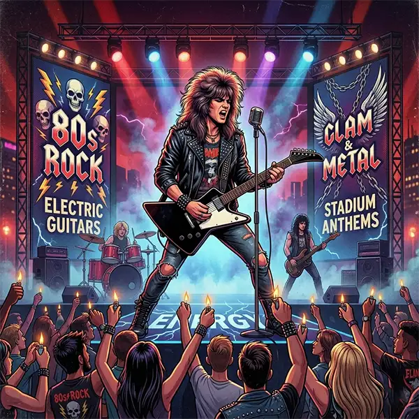 Una ilustración de estilo arte de póster cuadrada que representa un concierto de rock de los años 80. En el centro, un guitarrista y cantante masculino con un peinado cardado y una chaqueta de cuero negra con tachuelas toca una guitarra eléctrica angular y canta. El escenario está flanqueado por pancartas: la izquierda dice '80s ROCK ELECTRIC GUITAR' con gráficos de calaveras y rayos; la derecha dice 'GLAM & METAL STADIUM ANTHEMS' con un emblema alado y cadenas. Detrás de él, se ve a un baterista y un bajista. Un público de espaldas en primer plano sostiene encendedores encendidos en alto. La iluminación es intensa y colorida con focos de escenario y humo. La palabra 'ENERGY' está impresa en el suelo del escenario.