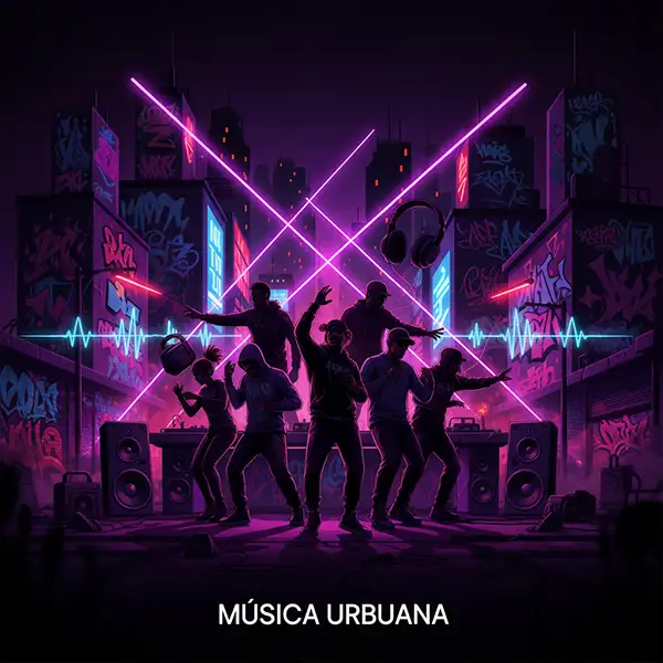 Ilustración digital de música urbana con siluetas de artistas y bailarines en una ciudad nocturna vibrante. La escena incluye luces de neón púrpuras y azules, grafitis estilizados, tornamesas y altavoces rodeados de ondas de sonido dinámicas. Representa la diversidad de géneros como Reguetón, Trap, Hip-Hop y Dembow con una paleta de alto contraste en negro y colores eléctricos, sin bordes ni fondos blancos.