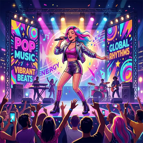 Ilustración digital cuadrada de un vibrante concierto de música pop. En el centro, una cantante con cabello de colores y traje de lentejuelas actúa bajo luces de escenario brillantes. El fondo incluye pantallas con los textos 'POP MUSIC' y 'VIBRANT BEATS', junto a una banda en vivo y una multitud entusiasmada que sostiene teléfonos móviles. La composición es enérgica, con una paleta de colores neón en rosa, azul y morado.