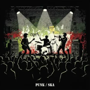 Ilustración digital de estilo collage y estética DIY que representa los géneros Punk y Ska. En un escenario underground decorado con grafitis y carteles rasgados, se observa a músicos con guitarras eléctricas y trompetas rodeados por una multitud en pleno pogo. La imagen destaca por su alto contraste en negro, blanco, rojo y verde, capturando el caos controlado, el sudor y la energía de un concierto en vivo. Representa la fusión rítmica del Hardcore, el Punk Rock y el Ska Punk.
