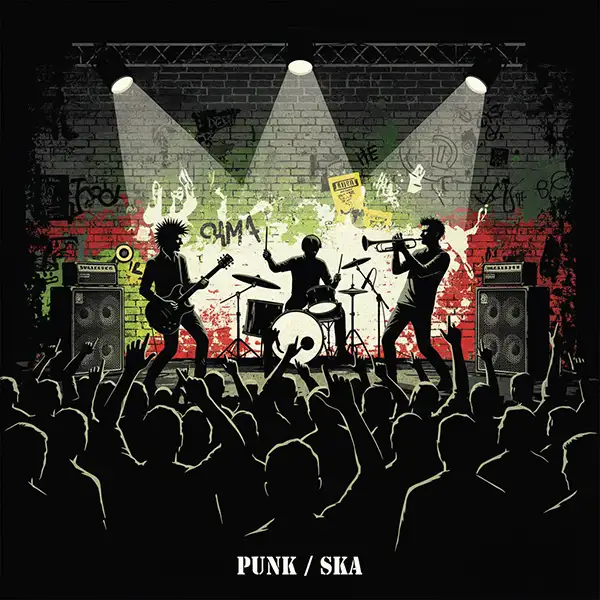 Ilustración digital de estilo collage y estética DIY que representa los géneros Punk y Ska. En un escenario underground decorado con grafitis y carteles rasgados, se observa a músicos con guitarras eléctricas y trompetas rodeados por una multitud en pleno pogo. La imagen destaca por su alto contraste en negro, blanco, rojo y verde, capturando el caos controlado, el sudor y la energía de un concierto en vivo. Representa la fusión rítmica del Hardcore, el Punk Rock y el Ska Punk.
