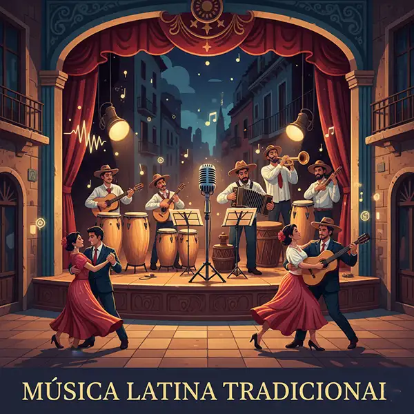 Ilustración digital de estilo mosaico que representa la Música Latina Tradicional. La escena muestra músicos tocando instrumentos clásicos como el bandoneón, congas y guitarras acústicas, entrelazados con parejas bailando elegantemente. El fondo combina ambientes de salones de baile y calles empedradas bajo una iluminación nocturna. La paleta de colores destaca tonos rojos, dorados y azules profundos, evocando géneros como el Bolero, Tango, Cumbia y Salsa en una composición moderna y atemporal.