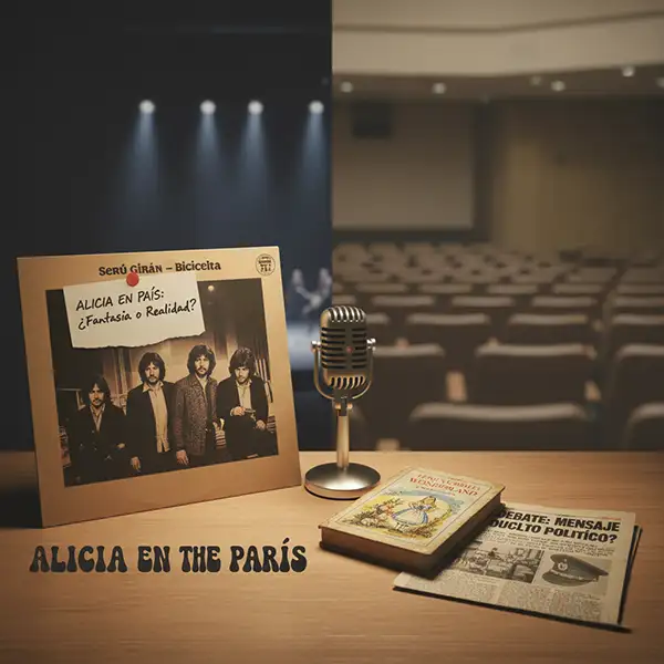 Un Escenario dividido en dos que muestra un teatro conel esenario con luces y en la otra mitar un teatro vacío. En primer plano un escritorio con una fotografia con un mensaje que pregunta ¿fantasía o realidad?, un micrófono retro, el libro de la historia de Alicia en el país de las maravillas y un diario debajo de este.