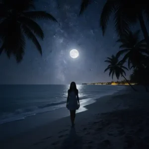 Mujer joven caminando sola por una playa de Puerto Rico durante la noche, bajo la luz de la luna. La escena muestra una expresión de determinación y melancolía en su rostro, rodeada por siluetas de palmeras oscuras y un cielo de estrellas brillantes en un estilo cinematográfico moderno.