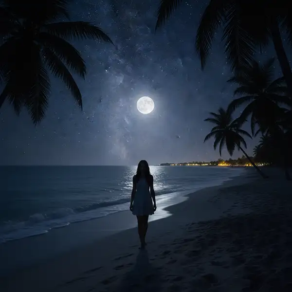 Mujer joven caminando sola por una playa de Puerto Rico durante la noche, bajo la luz de la luna. La escena muestra una expresión de determinación y melancolía en su rostro, rodeada por siluetas de palmeras oscuras y un cielo de estrellas brillantes en un estilo cinematográfico moderno.