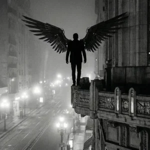 Silueta oscura de un hombre con grandes alas mecánicas o de ángel caído, parado en la cornisa de un rascacielos de estilo Art Déco. Al fondo se vislumbra una Buenos Aires nocturna y neblinosa con luces borrosas, en una estética cinematográfica noir de alto contraste.