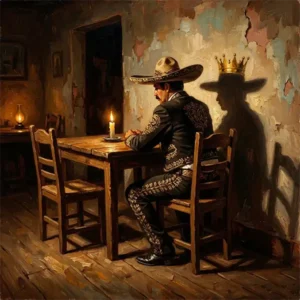 Hombre vestido con traje de charro sentado solo en una cantina tenuemente iluminada. Su sombra proyectada en la pared lleva una corona de oro, contrastando con la silla vacía frente a él. Estilo de pintura al óleo dramática con técnica de claroscuro.