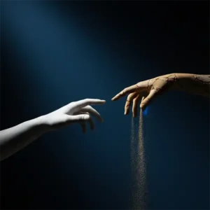 Dos manos de mármol esculpidas intentando entrelazarse sobre un fondo azul profundo. Una mano se muestra sólida y firme, mientras la otra se desmorona gradualmente en arena. La escena está iluminada con un estilo dramático de teatro clásico, creando una atmósfera elegante y melancólica.