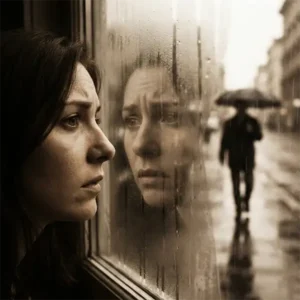El hombre que yo amo Primer plano de una mujer mirando a través de una ventana empañada. En el cristal, su reflejo muestra una expresión de duda, mientras que en el exterior se distingue la silueta de un hombre bajo la lluvia. Estilo cinematográfico de los años 90 con iluminación suave y tonos sepia.