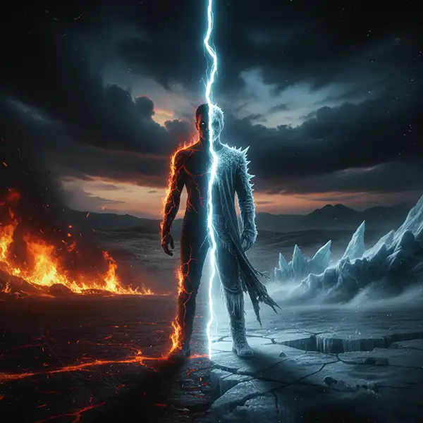 Hombre dividido verticalmente por una grieta luminosa en un paisaje desértico dual. El lado izquierdo de la escena está envuelto en fuego y el derecho en hielo. Estilo gótico moderno con tonos sombríos y estética de videoclip de rock de los años 90.