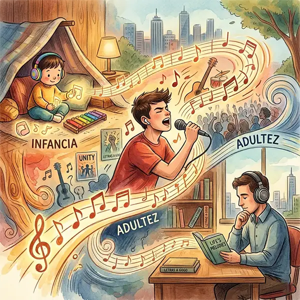 Ilustración de estilo cómic dividido en tres paneles conectados por una partitura musical que representa las etapas de la vida de un hombre a través de la música. Panel superior izquierdo: 'Infancia', con un niño tocando un xilófono de juguete con auriculares amarillos en una tienda de campaña. Panel central: 'Juventud', con un adolescente cantando en un escenario en un concierto. Panel inferior derecho: 'Adultez', con un hombre adulto leyendo un libro titulado 'LIFE'S MELODIES' en un escritorio. Cada panel incluye el texto 'LETRAS A GOGO' y muestra al sujeto con auriculares. El estilo es ilustrado a mano, cálido, sin bordes blancos, en formato cuadrado.