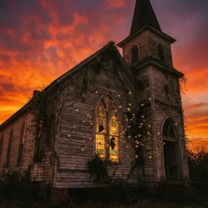 Ethel Cain Iglesia de madera abandonada en el sur de Estados Unidos bajo un cielo de crepúsculo naranja intenso. Una vidriera rota es el foco de atención, con moscas doradas zumbando a su alrededor en una escena de fotografía cinematográfica con grano y atmósfera melancólica.
