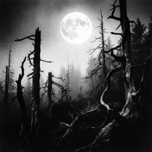 Paisaje de un bosque noruego en blanco y negro bajo una luna llena de luz gélida. La escena muestra niebla espesa entre árboles secos, con una estética de fotografía lo-fi de principios de los 90, caracterizada por un grano grueso y un alto contraste entre luces y sombras.
