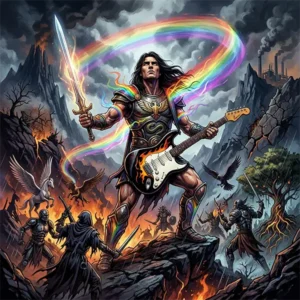 Guerrero del arcoiris Una ilustración épica de estilo cómic o arte de portada de álbum de heavy metal, inspirada en la canción "Guerrero del Arco Iris" de Rata Blanca. En el centro, un guerrero heroico de cabello largo y oscuro se alza victorioso sobre un peñasco rocoso en medio de una batalla. En una mano sostiene en alto una espada mística rodeada de energía luminosa, mientras que con la otra sostiene una guitarra eléctrica Stratocaster decorada con llamas. De su armadura y cuerpo emana una estela brillante con los colores del arco iris que envuelve la escena. El entorno refleja un paisaje apocalíptico y caótico en tonos oscuros, con fuego, montañas escarpadas, siluetas de fábricas contaminantes al fondo y caballeros oscuros combatiendo abajo. A los lados se aprecian elementos simbólicos y mitológicos: a la izquierda, un pegaso blanco y un árbol marchito; a la derecha, cuervos volando y guerreros en combate.
