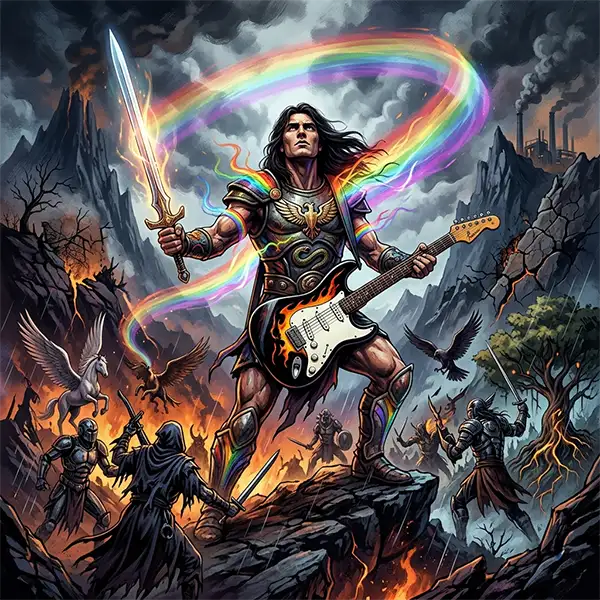 Una ilustración épica de estilo cómic o arte de portada de álbum de heavy metal, inspirada en la canción "Guerrero del Arco Iris" de Rata Blanca. En el centro, un guerrero heroico de cabello largo y oscuro se alza victorioso sobre un peñasco rocoso en medio de una batalla. En una mano sostiene en alto una espada mística rodeada de energía luminosa, mientras que con la otra sostiene una guitarra eléctrica Stratocaster decorada con llamas. De su armadura y cuerpo emana una estela brillante con los colores del arco iris que envuelve la escena. El entorno refleja un paisaje apocalíptico y caótico en tonos oscuros, con fuego, montañas escarpadas, siluetas de fábricas contaminantes al fondo y caballeros oscuros combatiendo abajo. A los lados se aprecian elementos simbólicos y mitológicos: a la izquierda, un pegaso blanco y un árbol marchito; a la derecha, cuervos volando y guerreros en combate.