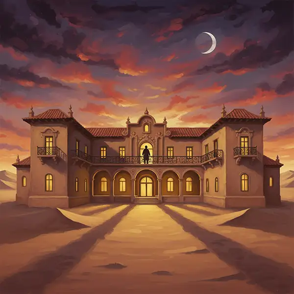Pintura surrealista de un hotel de lujo estilo colonial español en medio del desierto. El edificio destaca bajo un cielo crepuscular púrpura y naranja, con ventanas que emiten un brillo amarillo inquietante y una figura borrosa asomada en un balcón, evocando una atmósfera nostálgica y misteriosa.