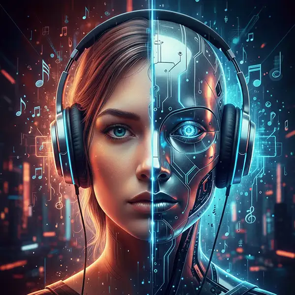 Imagen de estética futurista que muestra un rostro humano y uno artificial fusionados en una sola composición, ambos portando auriculares. La escena está rodeada de notas musicales digitales flotantes, destacando un marcado contraste visual entre la piel humana y la tecnología robótica.