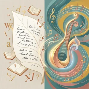 Letra o música Ilustración conceptual dividida verticalmente que representa el diálogo entre la lírica y la música. A la izquierda, sobre un fondo crema, una gran pluma estilizada con versos manuscritos rodeada de letras, comillas y libros abiertos. A la derecha, sobre un fondo azul suave, un instrumento de cuerda abstracto con formas fluidas, rodeado de notas musicales y ondas sonoras doradas. El estilo es limpio y armonioso, con una paleta de colores cálidos y contrastes suaves.