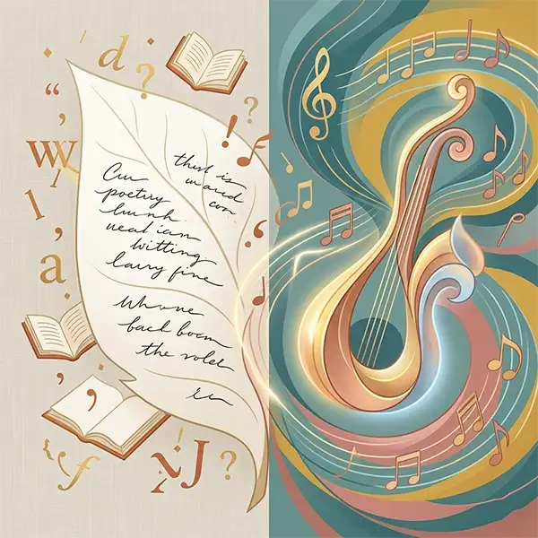 Ilustración conceptual dividida verticalmente que representa el diálogo entre la lírica y la música. A la izquierda, sobre un fondo crema, una gran pluma estilizada con versos manuscritos rodeada de letras, comillas y libros abiertos. A la derecha, sobre un fondo azul suave, un instrumento de cuerda abstracto con formas fluidas, rodeado de notas musicales y ondas sonoras doradas. El estilo es limpio y armonioso, con una paleta de colores cálidos y contrastes suaves.