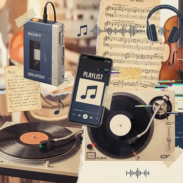 Collage visual cuadrado de estética retro-contemporánea que integra un reproductor de casete y vinilo con un smartphone que muestra una 'playlist' en pantalla. La composición presenta notas musicales antiguas y modernas superpuestas en tonos cálidos y contraste suave.