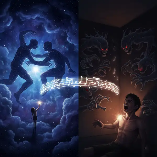 Silueta de una persona frente a dos gigantes oscuros en el espacio exterior con nebulosas brillantes y estrellas, estilo arte conceptual de rock en español.