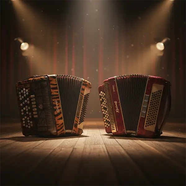 Dos acordeones enfrentados sobre un escenario.