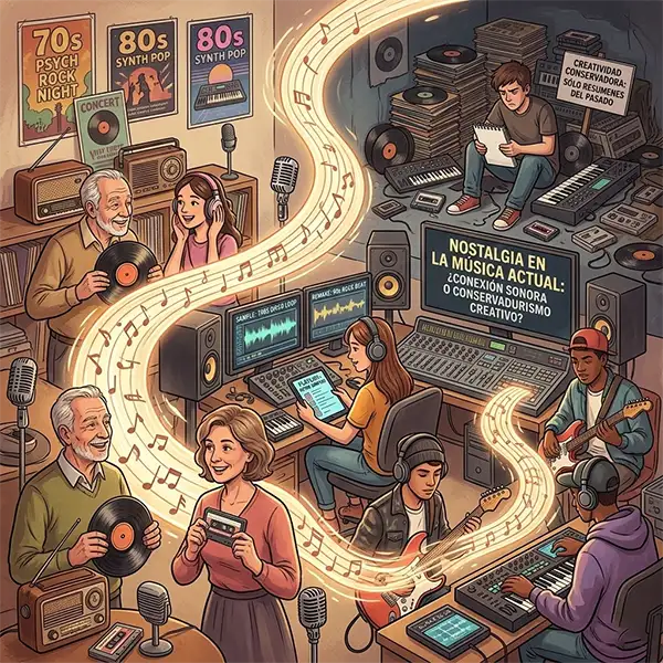 Ilustración detallada a color de un estudio de música dividido por una corriente brillante de notas musicales que fluye del pasado al presente. A la izquierda, personas mayores y jóvenes disfrutan de equipos analógicos vintage, vinilos y casetes, con carteles de '70s PSYCH ROCK NIGHT' y '80s SYNTH POP'. La corriente de notas llega a un estudio moderno a la derecha, donde jóvenes productores trabajan con sintetizadores, guitarras y software, con pantallas que muestran 'SAMPLE: '80S DISCO LOOP' y 'REMAKE: '90s ROCK BEAT'. Un joven artista desanimado en la esquina superior derecha, rodeado de pilas de discos viejos, sostiene un cuaderno con 'NUEVAS IDEAS?' bajo un cartel que dice 'CREATIVIDAD CONSERVADORA: SÓLO RESUMENES DEL PASADO'. El monitor central muestra el texto del debate: 'NOSTALGIA EN LA MÚSICA ACTUAL: ¿CONEXIÓN SONORA O CONSERVADURISMO CREATIVO?'.