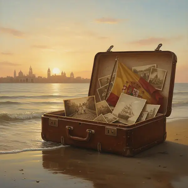 Maleta antigua de cuero abierta en la orilla del mar al amanecer. En su interior se aprecian fotografías viejas y una bandera desgastada, con la silueta de una ciudad colonial en el horizonte bajo una luz dorada y un estilo realista con tonos nostálgicos.