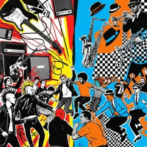 Ilustración editorial estilo póster underground con un escenario dividido: a la izquierda, estética punk con guitarras eléctricas y colores contrastantes; a la derecha, estética ska con instrumentos de metal y sensación de ritmo. En la base, un público diverso salta con energía bajo un estilo gráfico de fanzine moderno.