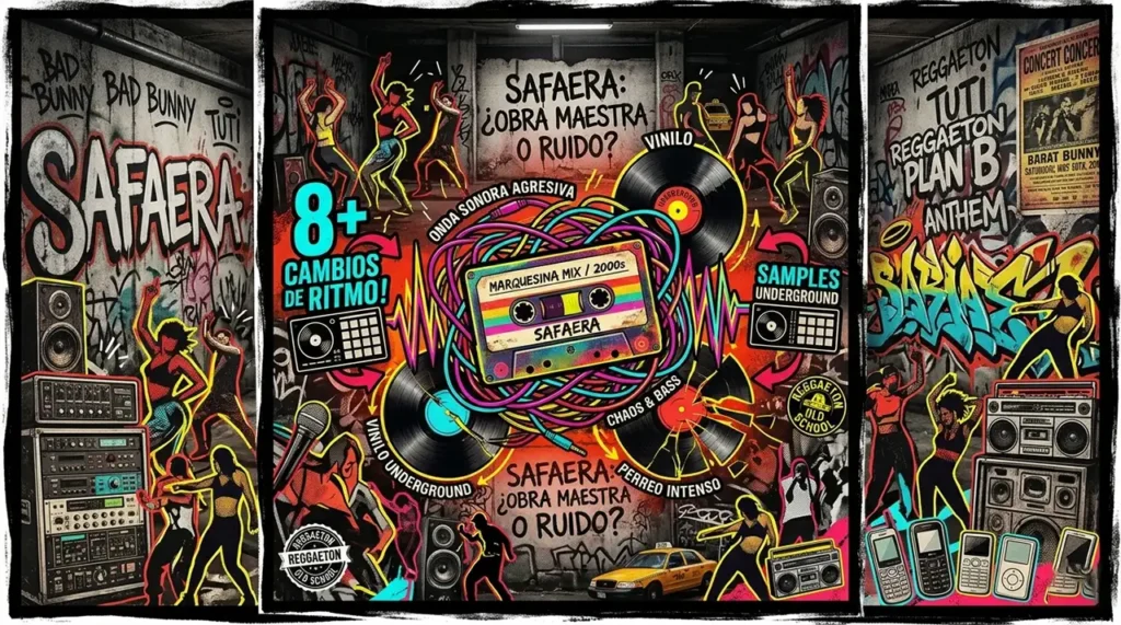 Ilustración maximalista estilo collage sobre la canción 'Safaera'. En el centro destaca un casete retro con la etiqueta 'MARQUESINA MIX / 2000s', rodeado de cables de neón enredados y discos de vinilo. Alrededor, se observan siluetas abstractas de personas bailando en un entorno de garaje urbano con grafitis. El diseño incluye gráficos con texto como '8+ CAMBIOS DE RITMO!' y 'SAMPLES UNDERGROUND'. En el fondo, destaca la frase 'SAFAERA: ¿OBRA MAESTRA O RUIDO?'. La paleta de colores es vibrante, dominada por rojos, amarillos neón, cian y negros profundos, creando una estética de caos controlado y energía urbana.