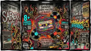 Safaera Ilustración maximalista estilo collage sobre la canción 'Safaera'. En el centro destaca un casete retro con la etiqueta 'MARQUESINA MIX / 2000s', rodeado de cables de neón enredados y discos de vinilo. Alrededor, se observan siluetas abstractas de personas bailando en un entorno de garaje urbano con grafitis. El diseño incluye gráficos con texto como '8+ CAMBIOS DE RITMO!' y 'SAMPLES UNDERGROUND'. En el fondo, destaca la frase 'SAFAERA: ¿OBRA MAESTRA O RUIDO?'. La paleta de colores es vibrante, dominada por rojos, amarillos neón, cian y negros profundos, creando una estética de caos controlado y energía urbana.