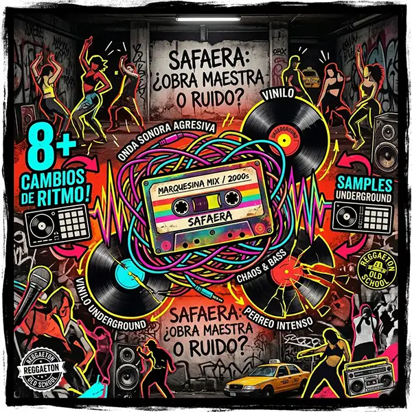 Ilustración maximalista estilo collage sobre la canción 'Safaera'. En el centro destaca un casete retro con la etiqueta 'MARQUESINA MIX / 2000s', rodeado de cables de neón enredados y discos de vinilo. Alrededor, se observan siluetas abstractas de personas bailando en un entorno de garaje urbano con grafitis. El diseño incluye gráficos con texto como '8+ CAMBIOS DE RITMO!' y 'SAMPLES UNDERGROUND'. En el fondo, destaca la frase 'SAFAERA: ¿OBRA MAESTRA O RUIDO?'. La paleta de colores es vibrante, dominada por rojos, amarillos neón, cian y negros profundos, creando una estética de caos controlado y energía urbana.