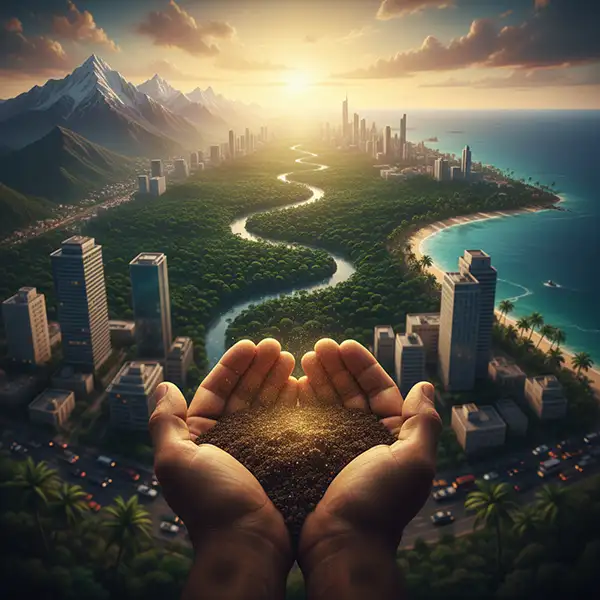 Paisaje vasto que integra la cordillera de los Andes, la selva amazónica y el mar Caribe. En el centro, un primer plano de manos trabajadoras sosteniendo tierra brillante, con siluetas de ciudades modernas difuminadas al fondo en un estilo de realismo social latinoamericano.