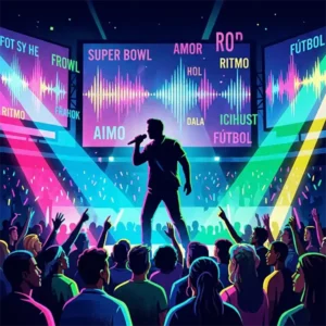 Ilustración estilo póster contemporáneo de un escenario del Super Bowl de noche. En el centro destaca la silueta de un cantante latino rodeado de pantallas gigantes con ondas de sonido y tipografías flotantes en diversos idiomas. El público se muestra iluminado por luces de concierto en una estética de alto contraste con tonos neón y un enfoque artístico no realista.