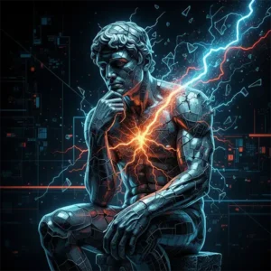 The Philosopher Estatua de cristal de un pensador clásico fracturándose desde el interior, con rayos de energía eléctrica naranja fluyendo por las grietas. El fondo es oscuro con patrones geométricos azules, evocando una estética de arte metalero técnico de los 90.