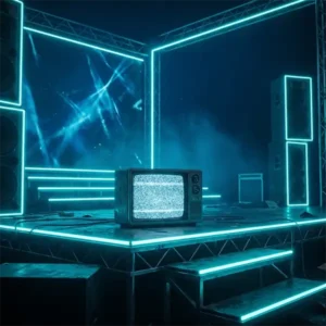 YouTube Televisión antigua con estática en escenario vacío con iluminación de neón cian y estilo futurista melancólico.