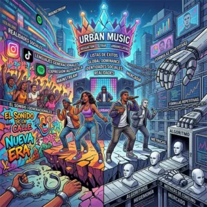 Una ilustración conceptual de estilo cómic y diseño gráfico que divide visualmente el impacto de la música urbana global en dos realidades contrastantes, con una relación de aspecto 1:1 que ocupa todo el encuadre. El lado izquierdo (Expresión y Autenticidad): Muestra una vibrante escena callejera llena de color y grafitis con frases como "El sonido de la calle" y "Nueva era". Un grupo de artistas latinos canta con micrófonos sobre un escenario improvisado ante un público entusiasta que levanta las manos, teléfonos móviles con logos de redes sociales (Instagram, TikTok) y de plataformas de streaming (Spotify). En la parte inferior, unas manos rompen unas cadenas, simbolizando la liberación y la expresión de realidades sociales. El lado derecho (Industrialización y Algoritmos): Presenta una estética fría, tecnológica y futurista en tonos azules y grises. Una gran mano robótica interactúa con pantallas que muestran gráficos de barras, métricas de consumo y las palabras "Fórmulas repetitivas" y "Algoritmo". En la parte inferior, una cinta transportadora automatizada produce bustos de maniquíes idénticos y blancos, representando la producción en masa, la hegemonía del mercado y la simplificación sonora. El centro y la parte superior: Un DJ mezcla música frente a una gran pantalla LED. Corona la imagen un gran letrero luminoso con forma de corona que dice "URBAN MUSIC: REGGAETON • TRAP • URBANO LATINO", del cual se desprenden conceptos flotantes como "Listas de éxitos", "Global dominance", "Identidades sociales" y "Mercadía".