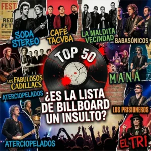 Collage de arte urbano con nombres de bandas de rock en español y un disco de vinilo.