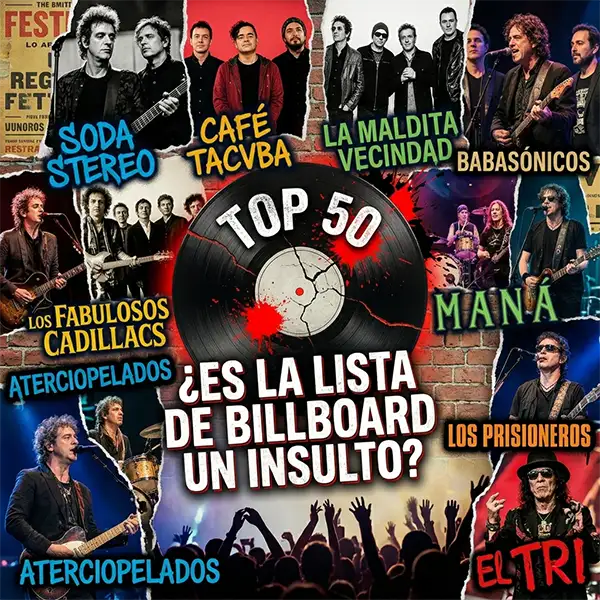 Collage de arte urbano con nombres de bandas de rock en español y un disco de vinilo.