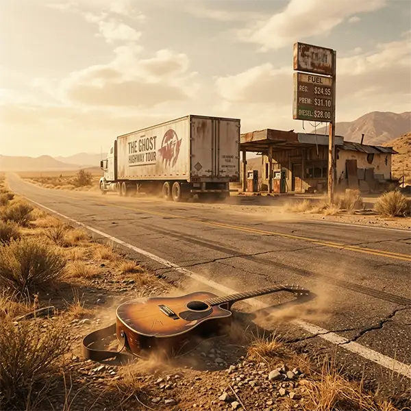 Guitarra eléctrica en carretera frente a una gasolinera con precios altos de combustible.