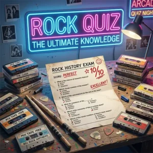 Rock quizz Escritorio con elementos musicales y examen de trivia sobre rock en español.